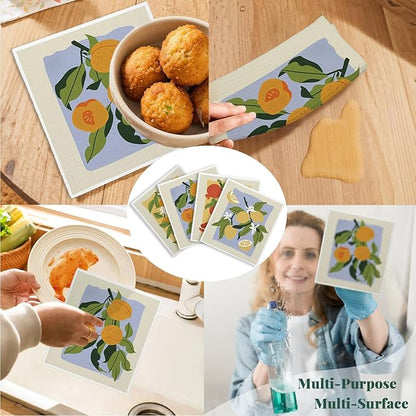 Swedish Dishcloths for Kitchen, Papaya Reusable Paper Towels Washable, Oranges Peach Lemon Colorful Swedish DishCloths for Friut, 4 Pack Dish Towels for Kitchen
