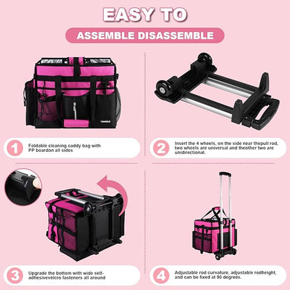 Cleaning Caddy with Wheels, Rolling Cleaning Supplies Organizer with Bottom Board, Dividers & Shoulder Strap, Portable Utility Tote with Small Trolley, Rose Pink