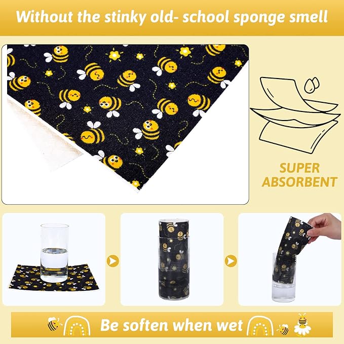 Whaline Bee Swedish Kitchen Dishcloth 6 Pack Bumble Bee Daisy Dish Towels Yellow Black Hand Drying Tea Towels Honeybee Cotton Dishcloth for Spring Summer Cooking Baking Cleaning Wipes, 6.7 x 7.7 Inch