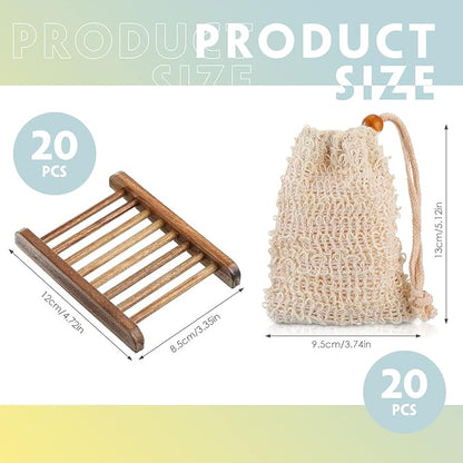 Soap Exfoliating Bag Holder Set Included Bathroom Wooden Soap Dish Pine Wood Soap Holder Tray Natural Bar Soap Pouch Mesh Bath Soap Saver Bag Container (Carbonized Color, 40 Pcs)