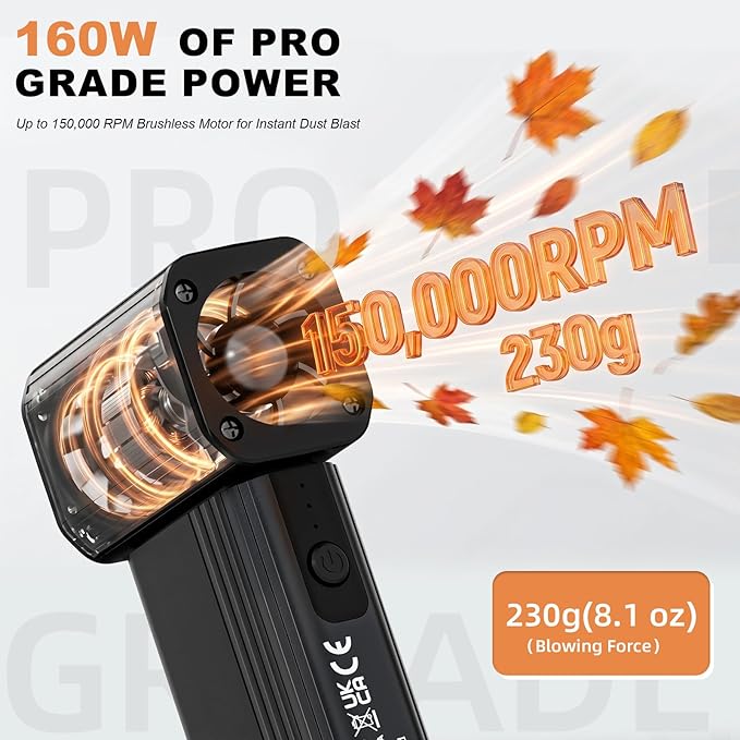 Compressed Air Duster-150000RPM 160W Brushless Motor Metal-Bodied Electric Air Duster, 29.6Wh Rechargeable Cordless Mini Blower, 18W Fast Charging 4-Speed Dust Blower for PC, Keyboard,Car, Home