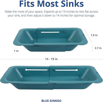 BLUE GINKGO Over the Sink Colander Strainer Basket - Wash Vegetables and Fruits, Drain Cooked Pasta and Dry Dishes - Extendable - New Home Kitchen Essentials (7.9 W x 14.5-19.5 L x 2.75 H) - Teal