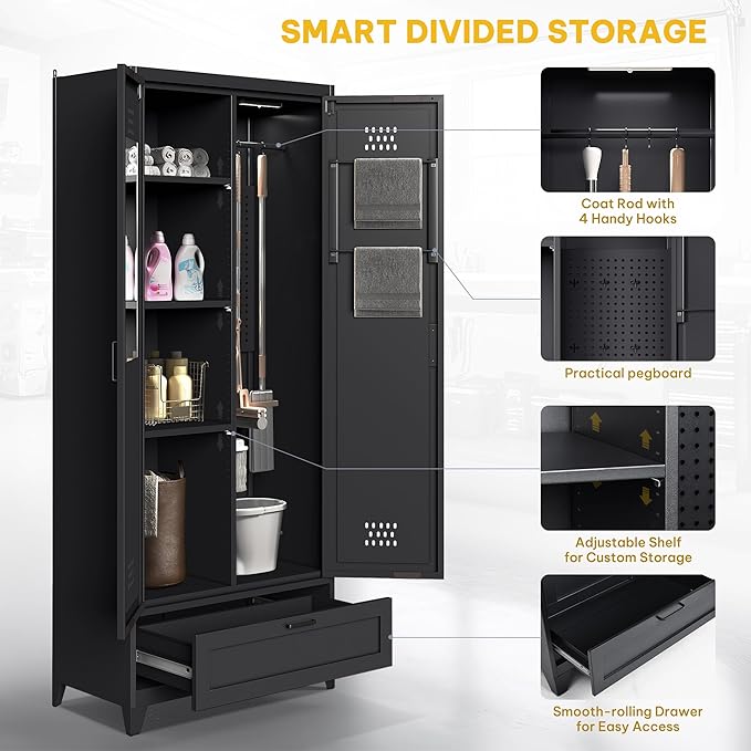 DWVO Metal Garage Storage Cabinet with Pegboard, 71" Tall Broom Cabinet with Lights, Adjustable Shelves, Heavy Duty Tool Storage Cabinet for Garage, Cleaning Room, Gym