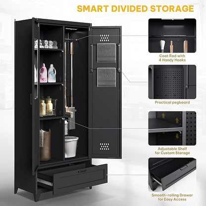 DWVO Metal Garage Storage Cabinet with Pegboard, 71" Tall Broom Cabinet with Lights, Adjustable Shelves, Heavy Duty Tool Storage Cabinet for Garage, Cleaning Room, Gym