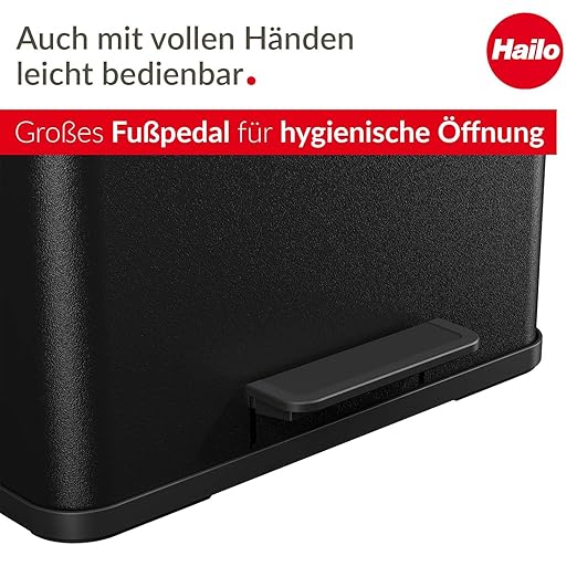 Hailo 0630-260 Oko Duo Plus L Kitchen Trash Can with 2.4 Gallon Bins, Rectangular Dual Compartment Recycling Step, Removable Inner Buckets with Soft-Close Lid Kitchen Trash Can, Black