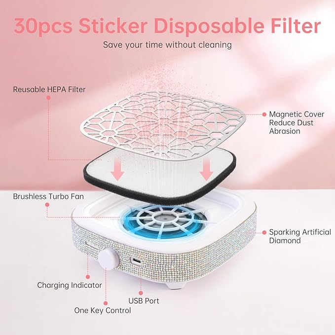 Nail Dust Collector, Cordless Dust Collector Nail Tech, Compact Powerful 6000RPM Nail Vacuum Fan Rechargeable Dust Extractor for Acrylic Gel Polish Manicure Pedicure for Home