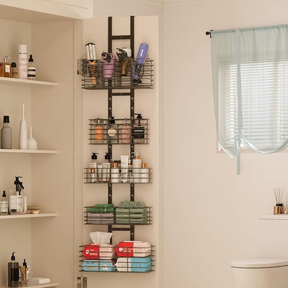 Yuyetuyo 5-Tier Over The Door Organizer Bathroom - Hair Dryer Holder - Hair Tool Organizer Adjustable Height, DIY Bathroom Storage Shelf Wall Mounted for Flat/Curling Irons, Straighteners, Skincare