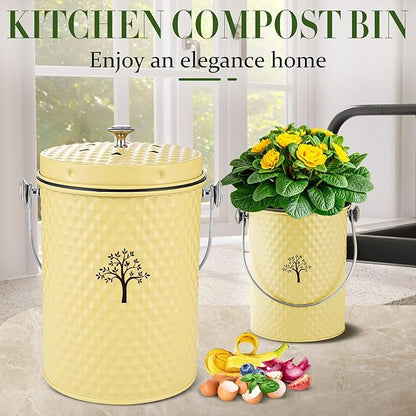 AOSION Countertop Compost Bin Kitchen,Odor Resistant Indoor Compost Bin with Lid and 50 Compost Bags,Compost Bucket Composter Container for Food Waste,Yellow,1.0 Gallon