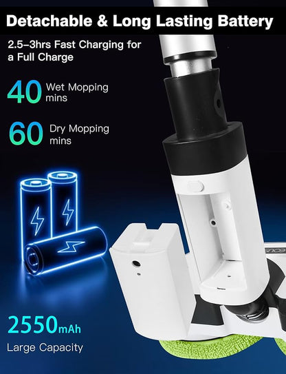 Cordless Electric Mop, Floor Cleaner with LED Headlight & Water Sprayer, Up to 60 Mins Detachable Battery, Dual-Motor Powerful Spin Mop, 300ML Water Tank for Multi-Surface, Self-Propelled