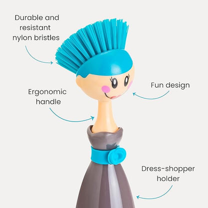 Vigar Dolls Dish Brush with Handle and Holder - Dish Scrubber Brush for Dishes and Pans, Kitchen Scrub Brush, Dishwashing Brush for Kitchen Sink Cleaning, Cute Standing Dish Brush Design - Gray, Blue
