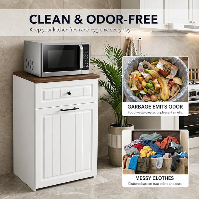 13 Gallon Pull Out Trash Can Cabinet with Drawer, Hidden Kitchen Garbage Cabinet, Freestanding Modern Farmhouse Waste Bin Furniture, White