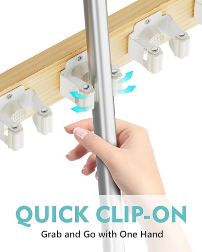 Mop and Broom Holder Wall Mount, No Drill Over the Door Broom and Mop Holder with 4 Slots and 4 Hooks, Wood Tool Hanger for Laundry, Cabinet, Kitchen, Garage