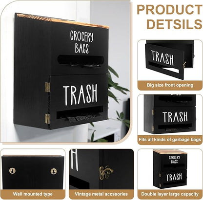 2 in 1 Trash Bag Dispenser, Double Wall Mounted,Wood Trash Bag Holder, used in kitchen, garage, laundry room, can store Environmentally friendly food bags and garbage bags (Black)