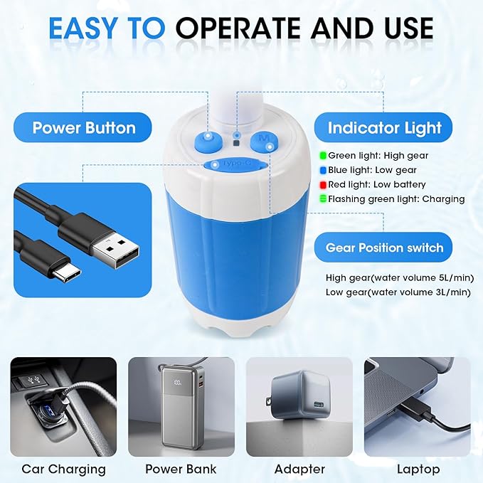 Portable Camping Shower, Outdoor Shower Kit, Hose, Spray Gun & Folding Bucket, Rechargeable Battery Powered Portable Shower for Camping, Hiking, Beach,RV,Pet Cleaning & Road Trips