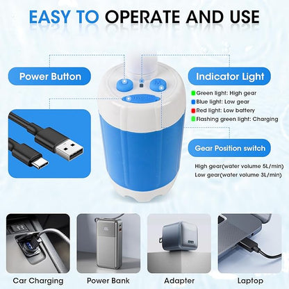 Portable Camping Shower, Outdoor Shower Kit, Hose, Spray Gun & Folding Bucket, Rechargeable Battery Powered Portable Shower for Camping, Hiking, Beach,RV,Pet Cleaning & Road Trips