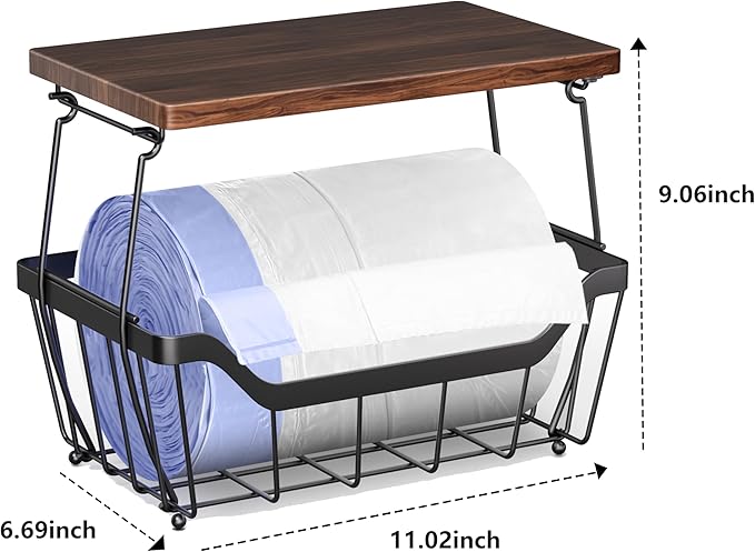 MOJOHAND Large Trash Bag Holder with Wooden Board, Garbage Bag Dispenser Under Sink, Metal Stackable Organizer and Storage for Kictchen Cabinet Pantry
