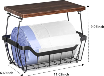 MOJOHAND Large Trash Bag Holder with Wooden Board, Garbage Bag Dispenser Under Sink, Metal Stackable Organizer and Storage for Kictchen Cabinet Pantry