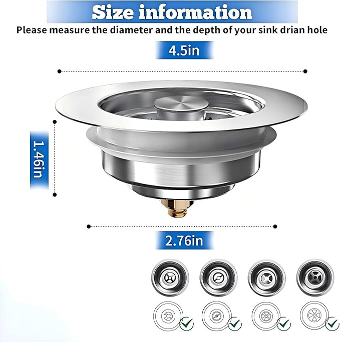 3-in-1 Kitchen Sink Drain Strainer Stopper, 304 Stainless Steel Pop Up Drain Plug, Anti-Clog Odor Prevention Sink Basket, Tool-Free Easy Install, Fits US Standard 3-1/2" Drain Hole, 2 Pack