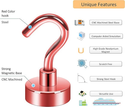 Neosmuk Magnetic Hooks, Heavy Duty 30lb+ Strong Magnet Hook for Cruise Cabins, Cruise Ship Essentials for Hanging, Metal Wall Refrigerator Hangers (Red, 12 Pack)