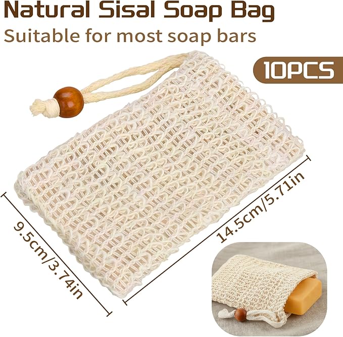 10 Pack Sisal Soap Saver Bags - Exfoliating Foaming Mesh Bar Soap Pouch with Drawstring, Reusable Shower & Bath Body Scrubber, Fast Drying