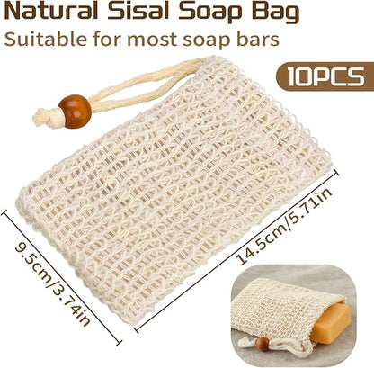 10 Pack Sisal Soap Saver Bags - Exfoliating Foaming Mesh Bar Soap Pouch with Drawstring, Reusable Shower & Bath Body Scrubber, Fast Drying
