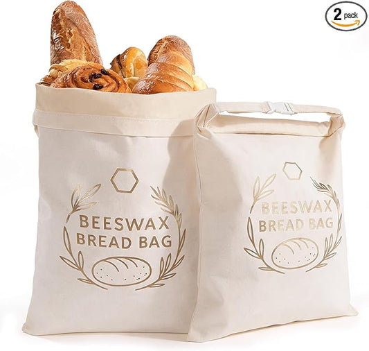 2 Pack XL Reusable Beeswax Bread Bags for Sourdough Baking, Organic Waxed Lined, Cotton Bread Bags for Homemade Bread, Food-Storage Bag to Keep Fresh