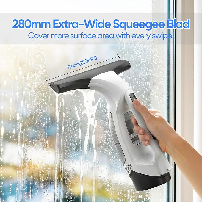 Window Vacuum Cleaner, Cordless Electric Window Cleaner with 2000Pa Streak-Free Suction, 30–40" Extension Pole, 11-Inch Squeegee Tool for High Windows, Shower Glass, Tiles & Mirrors
