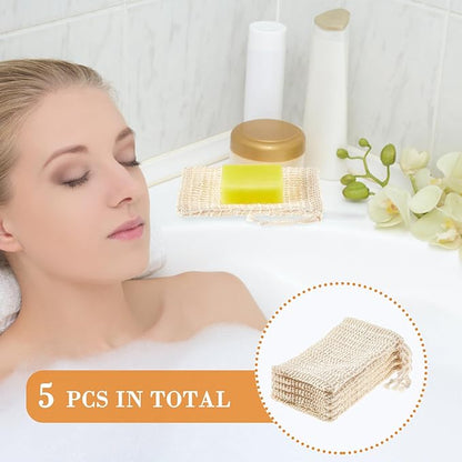 BBTO 5 Pieces Soap Saver Bag Cotton Linen Exfoliating Soap Pouch for Foaming and Drying, Shower, Scrubber (18 x 10 cm, Beige)