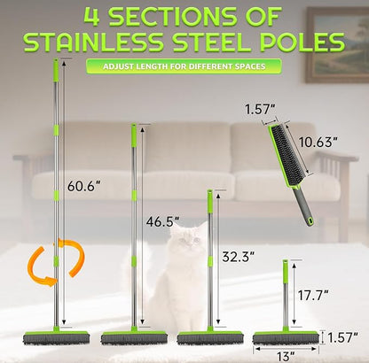 Rubber Broom for Pet Hair —Gets What Your Vacuum Misses,Non-Scratch Carpet Rake 24 "-61 "Adjustable Handle,4-in-1 (Squeegee+Pet Brush+2 Microfiber Cloth),Stairs,Corners, Rugs,Hardwood Green