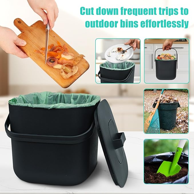 7-Liter Compost Bin Kitchen Countertop Trash Can with Lid - Odorless Compost Bin Outdoor with Filters(Dark Gray)