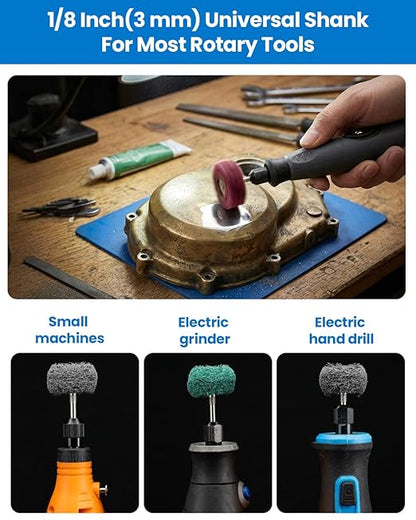100Pcs Abrasive Buffing Wheels, 1 Inch Alumina Polishing Wheel Set, 1/8" Shank Thickened Polishing Kit for Dremel Rotary Tools, Metal Rust Removal Wood Glass Jewelry Polishing