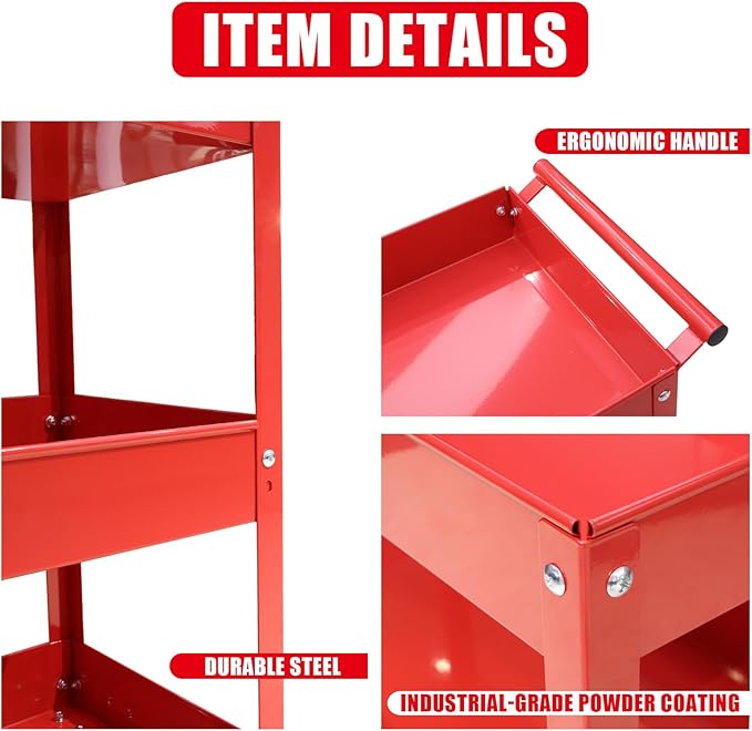 Torin APTC302B Steel Tool Service Push Cart with 3 Shelves and 200 lb Capacity, Red