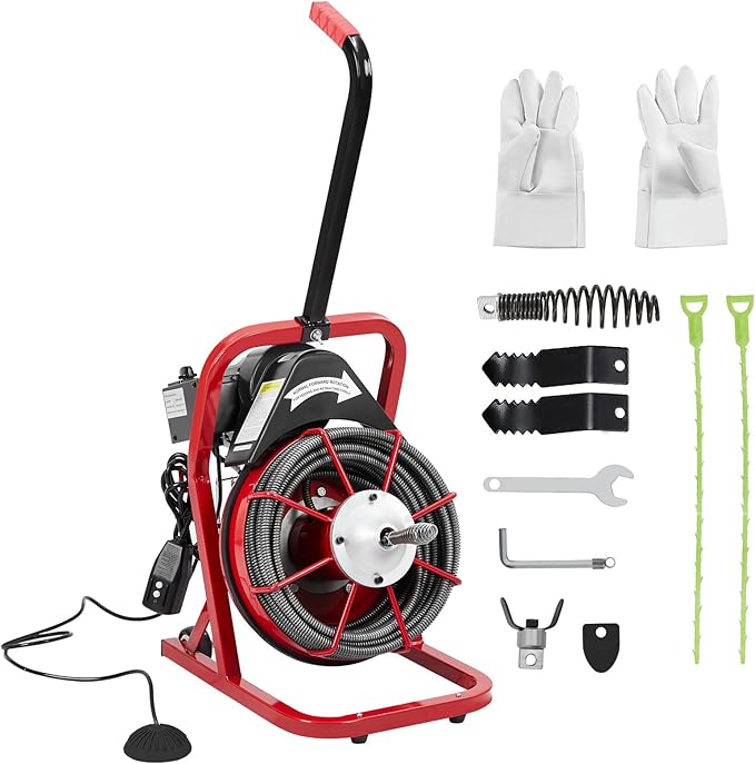 Drain Cleaner Machine 50FT x 3/8 Inch, Powerful Plumbing Auger with 4 Cutter Heads, Air-Activated Foot Switch, Gloves, Portable Sewer Snake for 1"-4" Pipes, Ideal for Bathroom and Kitchen Clogs
