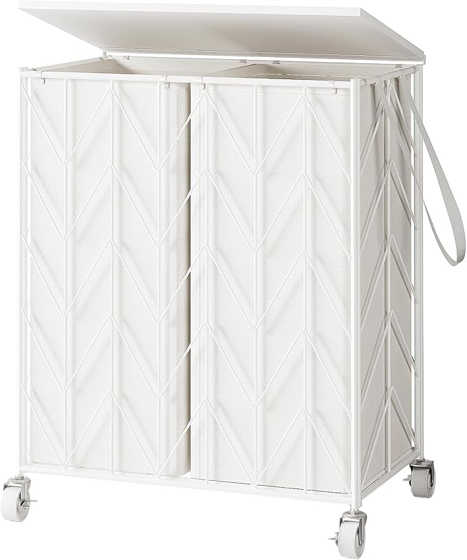 WOWLIVE Laundry Basket with Wheels, Heavy Duty Laundry Hamper with Wood Lid, Clothes Hamper with Divided Removable Liner Bag, Large Capacity Iron-Made Laundry Sorter Laundry Room Organization (White)
