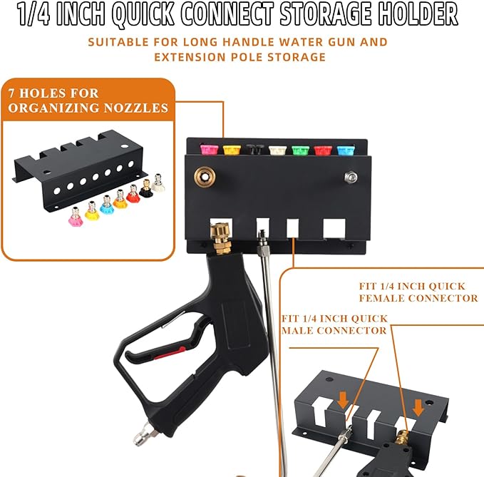Pressure Washer Gun Holder,Foam Cannon Holder for Pressure Washer Gun, Foam Cannon,Fit 1/4 Inch Quick Connector,Pressure Washer Nozzle Tips and Wand Extension Storage Rack Wall Mounted