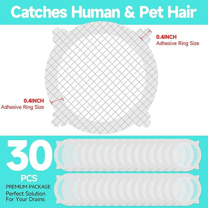 30 Pack Disposable Shower Drain Hair Catcher Shower Drain Mesh Stickers, Bathroom, Bathtub, Kitchen, Sink, for Human and pet Hair