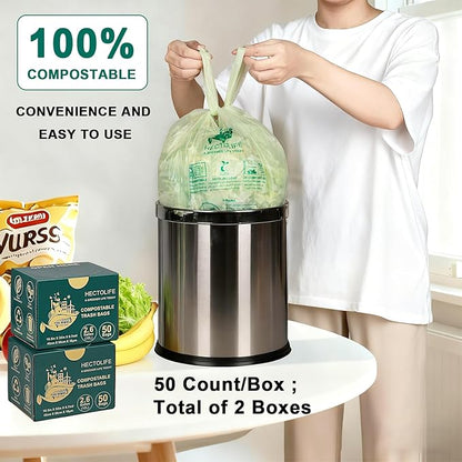 HECTOLIFE 2.6 Gallon 300 Count,Compostable Bags Handle Tie,Tear Resistant Kitchen Food Scrap Waste Bag, ASTM D6400, US BPI and Europe OK Compost Home Certified