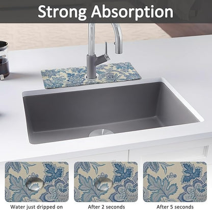 15" X 5.5" Kitchen Sink Splash Guard Faucet Mat Floral Super Absorbent Fast Drying Faucet Guard & Draining Mat Sink Splash Guard Behind Faucet for Kitchen, Bathroom