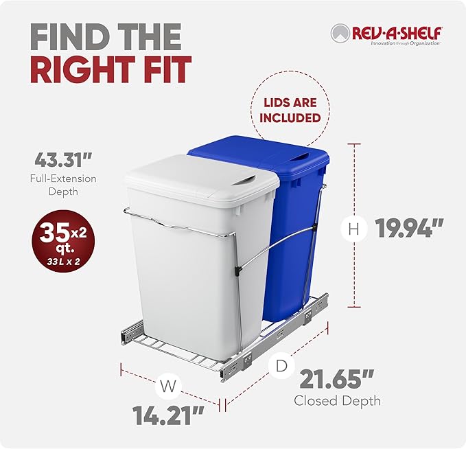 Rev-A-Shelf Double 35 Qt Pullout Trash Can for Base Kitchen Cabinets, Garbage Waste & Recycling Bin System with Lids & Full Extension Slides, Min Opening Width of 14.5", Blue/White, RV-18KD-11RC-S