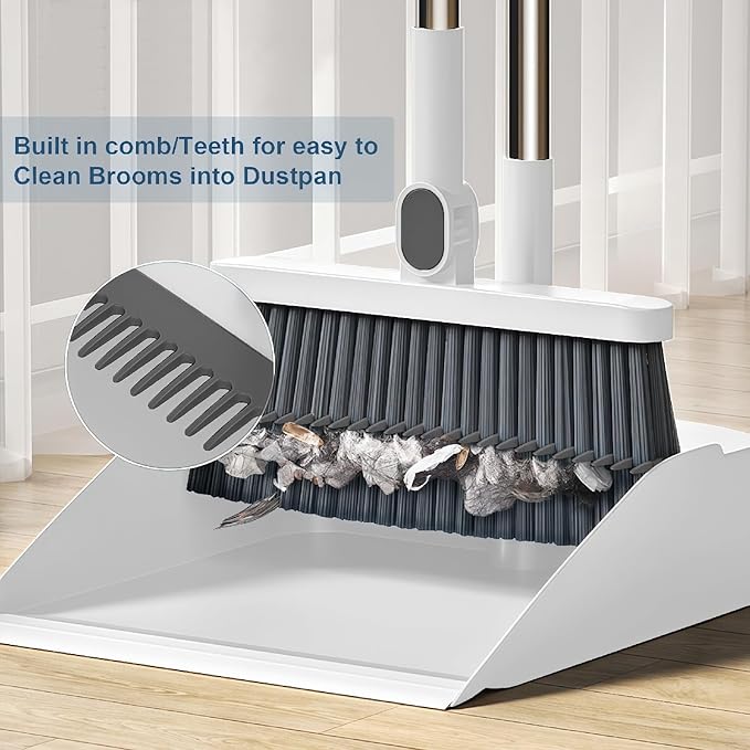 Broom and Dustpan Set, Long Handle Standing Broom with Self-Cleaning Comb Teeth, Heavy Duty Broom Dustpan Combo for Home Kitchen Office Floor Pet Hair Cleaning (White)
