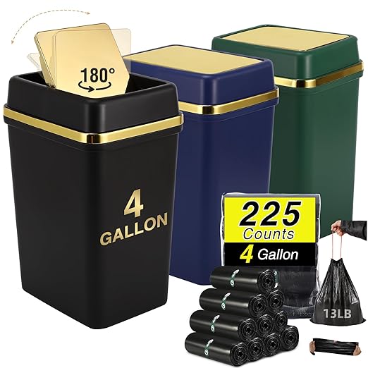 3 Pack Bathroom Trash Can with Lid 4 Gallon Small Trash Can with Swing Lid Bathroom Garbage Can with 225 Counts Trash Bags for Kitchen Bedroom Office(Black Navy Blue Dark Green)