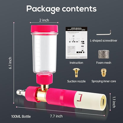 Foam Cannon for Pressure Washer with 1/4 Inch Quick Connector, Pressure Washer Foam Cannon with Rotating Nozzle，Easy to Use & Adjust, Creates Thick Foam-Pink
