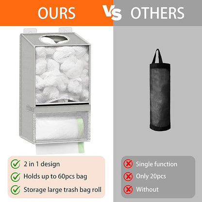 Spaclear Wall Mount Plastic Bag Holder - Large Oxford Cloth Grocery Bag Holder, 2-in-1 Plastic Bags Organizer with Trash Roll Dispenser for Home Kitchen Closet Cabinets Sink, Gray