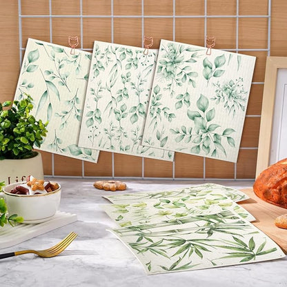 Swedish Dishcloths for Kitchen | 6 Pack Floral Reusable Paper Towels Washable | Swedish Dish Towels | Non-Scratch Cellulose Sponge Cloths | No Odor, Biodegradable Cleaning Cloths, Green Leaves