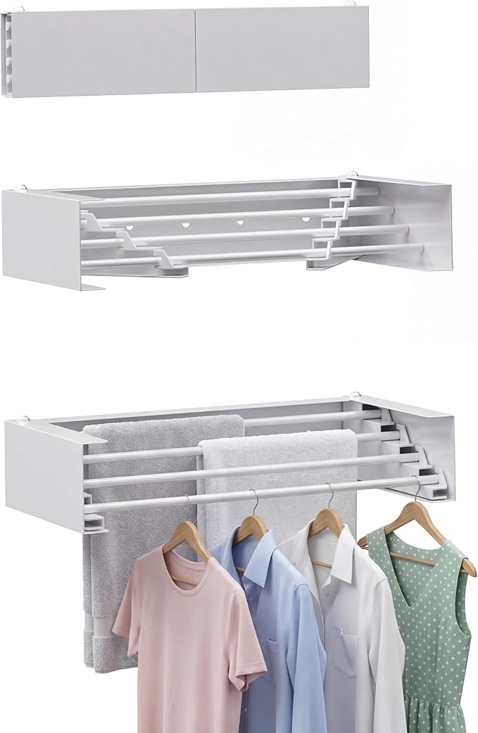 Wall Mounted Drying Rack - 23.6 Inch Stainless Steel Clothes Drying Rack Collapsible, Heavy Duty 60LBS Laundry Drying Rack, Retractable Folding Dryer Racks for Laundry Drying Indoor/Outdoor