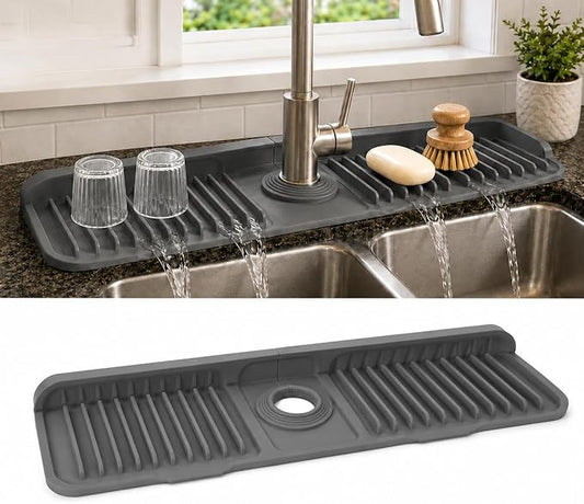 23" Extra Long Silicone Faucet Handle Drip Catcher Tray,7° Sloped Self Draining Mat with Snap-on Design & Soap Holder, Trim-to-Fit Opening,Sink Splash Guard for Kitchen & Bathroom(Dark Gray)