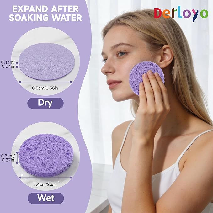 100-Count Compressed Facial Sponges for Washing face, Natural Cellulose Cosmetic Makeup Sponge for Facial Cleansing, Slight Exfoliating, Makeup Removal-(Purple Round Sponge)