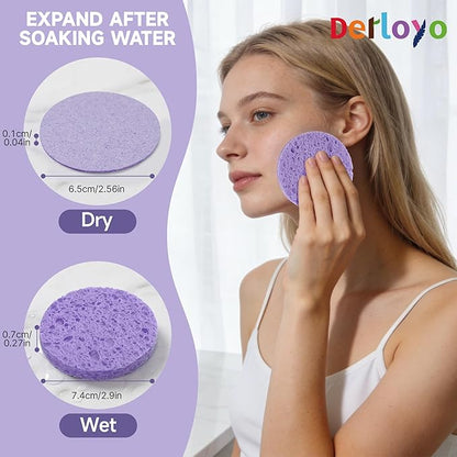 100-Count Compressed Facial Sponges for Washing face, Natural Cellulose Cosmetic Makeup Sponge for Facial Cleansing, Slight Exfoliating, Makeup Removal-(Purple Round Sponge)