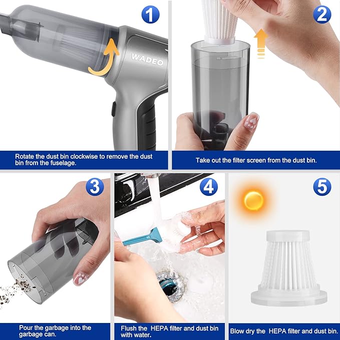 WADEO Handheld Vacuum Cordless, 9000PA Car Vacuum Portable Cordless, Mini Vacuum Cleaner, 0.7lb Ultra-Light, 4-in-1 Versatile Rechargeable Handheld Vacuum for Car, Home, Pet Hair Cleaning