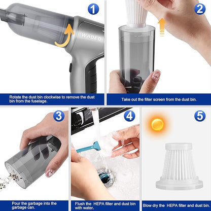 WADEO Handheld Vacuum Cordless, 9000PA Car Vacuum Portable Cordless, Mini Vacuum Cleaner, 0.7lb Ultra-Light, 4-in-1 Versatile Rechargeable Handheld Vacuum for Car, Home, Pet Hair Cleaning
